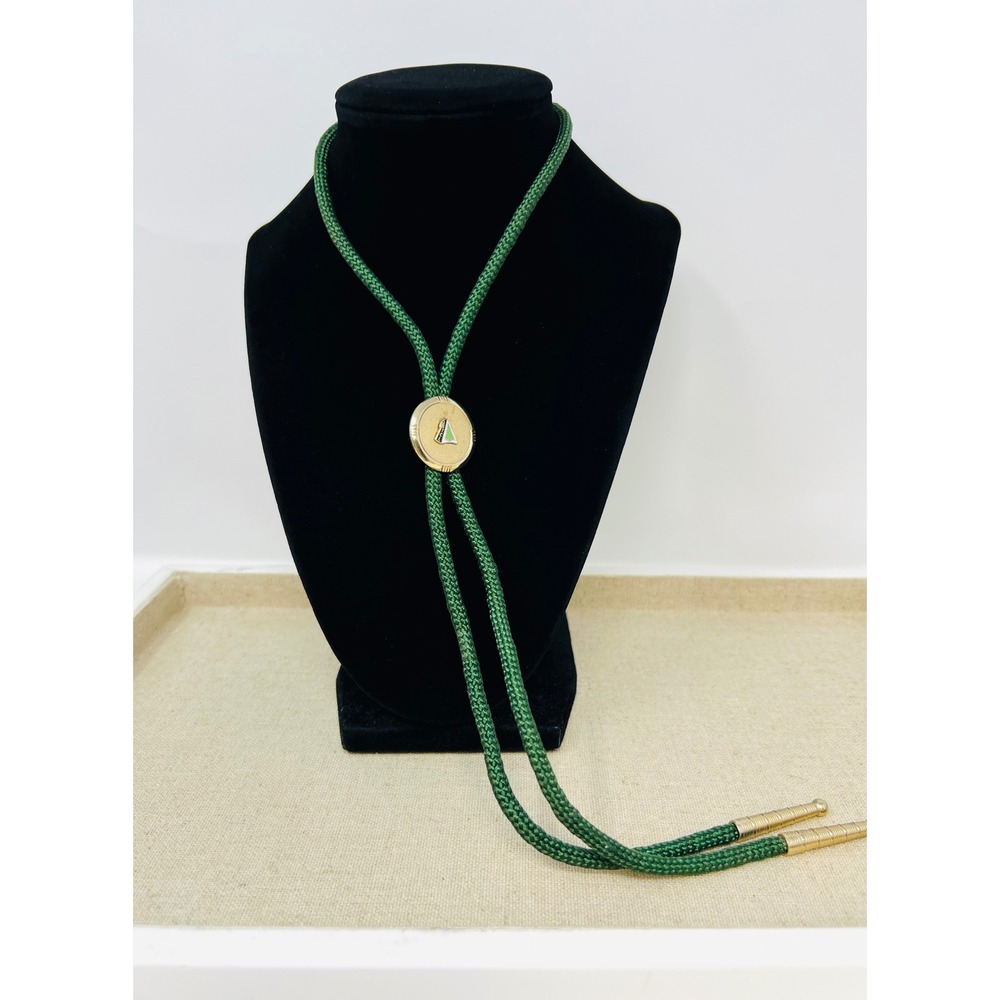 Vintage Keffner Providence OTCL Pine Tree Bolo Tie Green Cord Gold Tone Logo